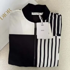 Dior Women Cropped Bomber Jacket with Bishop Sleeves Black and White Jacquard