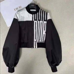 Dior Women Cropped Bomber Jacket with Bishop Sleeves Black and White Jacquard