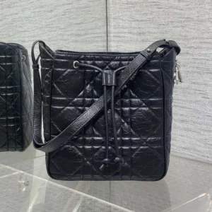 Dior Women Medium D-Motion Bag Black Macrocannage Crinkled Calfskin