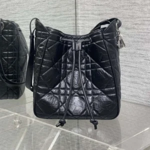 Dior Women Medium D-Motion Bag Black Macrocannage Crinkled Calfskin