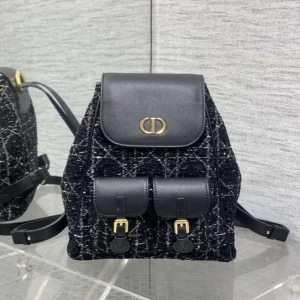 Dior Women Medium Dior Caro Backpack Black Tweed with White Cannage Motif