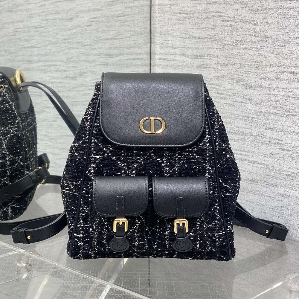 Dior Women Medium Dior Caro Backpack Black Tweed with White Cannage Motif