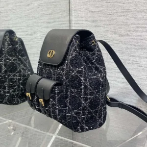 Dior Women Medium Dior Caro Backpack Black Tweed with White Cannage Motif