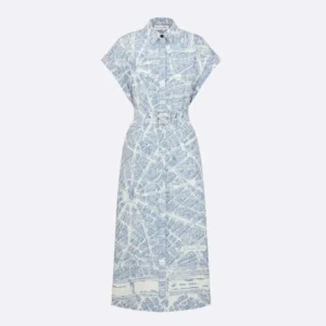 Dior Women Mid-Length Belted Shirtdress White and Chambray Blue Cotton and Silk Poplin