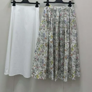 Dior Women Mid-Length Flared Skirt Cotton Muslin with Multicolor Dior Flowers Calendar Allover Motif