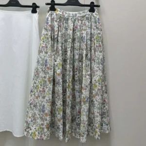 Dior Women Mid-Length Flared Skirt Cotton Muslin with Multicolor Dior Flowers Calendar Allover Motif