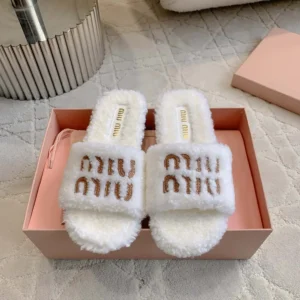 Miu Miu Women Shearling Slides with Leather Logo 5XX664173F0018