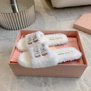 Miu Miu Women Shearling Slides with Leather Logo 5XX664173F0018