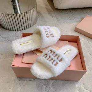Miu Miu Women Shearling Slides with Leather Logo 5XX664173F0018