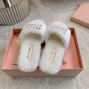 Miu Miu Women Shearling Slides with Leather Logo 5XX664173F0018