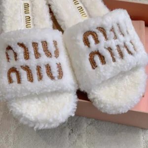 Miu Miu Women Shearling Slides with Leather Logo 5XX664173F0018
