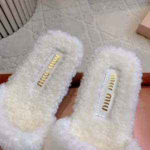 Miu Miu Women Shearling Slides with Leather Logo 5XX664173F0018