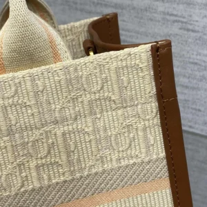 Dior Women Small Dior Book Tote Beige Dior Oblique Embroidered Raffia and Camel Calfskin