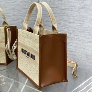 Dior Women Small Dior Book Tote Beige Dior Oblique Embroidered Raffia and Camel Calfskin