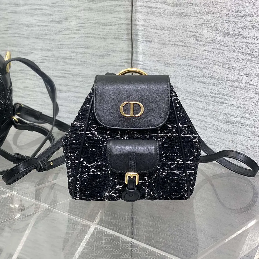 Dior Women Small Dior Caro Backpack Black Tweed with White Cannage Motif