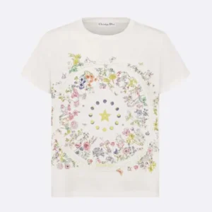 Dior Women T-Shirt White Cotton Jersey with Multicolor Dior Astral Flowers Motif