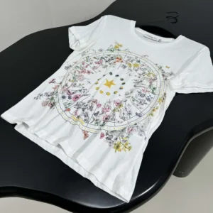 Dior Women T-Shirt White Cotton Jersey with Multicolor Dior Astral Flowers Motif
