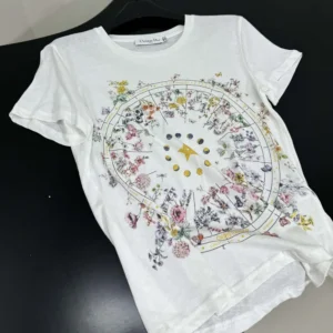 Dior Women T-Shirt White Cotton Jersey with Multicolor Dior Astral Flowers Motif