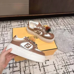 Fendi Women Match Brown Leather Platform Low-Tops With Charm