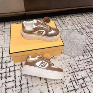 Fendi Women Match Brown Leather Platform Low-Tops With Charm