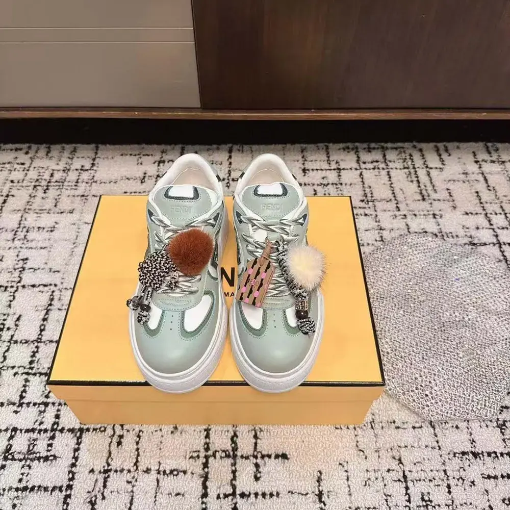 Fendi Women Match Low Top Platform Shoes In Green Leather With Charm 2 Fendi Women Match Low Top Platform Shoes In Green Leather With Charm