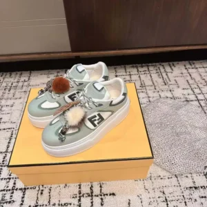 Fendi Women Match Low Top Platform Shoes In Green Leather With Charm