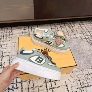 Fendi Women Match Low Top Platform Shoes In Green Leather With Charm