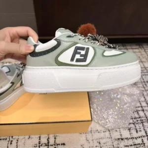 Fendi Women Match Low Top Platform Shoes In Green Leather With Charm