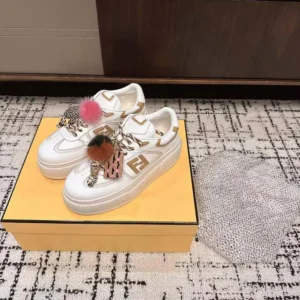 Fendi Women Match Low Top Platform Shoes In White Leather With Charm
