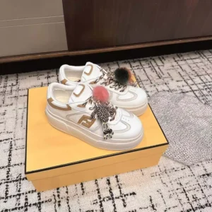 Fendi Women Match Low Top Platform Shoes In White Leather With Charm