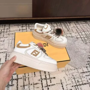 Fendi Women Match Low Top Platform Shoes In White Leather With Charm