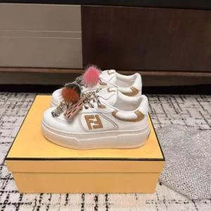 Fendi Women Match Low Top Platform Shoes In White Leather With Charm