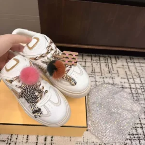Fendi Women Match Low Top Platform Shoes In White Leather With Charm