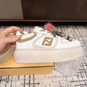Fendi Women Match Low Top Platform Shoes In White Leather With Charm