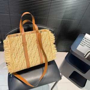 Fendi Women Summer Tote Jacquard Fabric Bag with Raffia FF