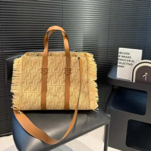Fendi Women Summer Tote Jacquard Fabric Bag with Raffia FF