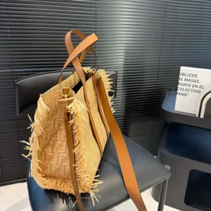 Fendi Women Summer Tote Jacquard Fabric Bag with Raffia FF