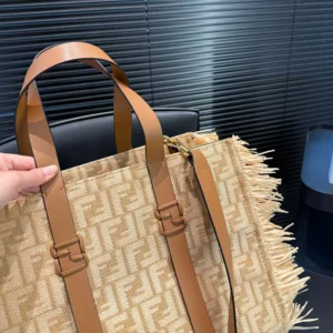 Fendi Women Summer Tote Jacquard Fabric Bag with Raffia FF