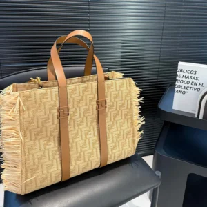 Fendi Women Summer Tote Jacquard Fabric Bag with Raffia FF