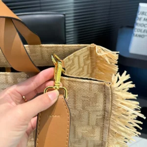 Fendi Women Summer Tote Jacquard Fabric Bag with Raffia FF