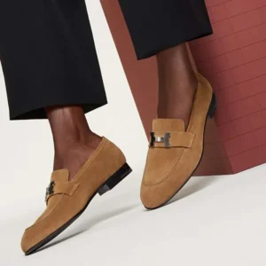 Hermes Men Paris Loafer in Suede Calfskin with Signature Paris Buckle-Brown