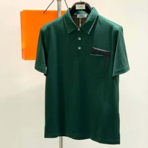 Hermes Men Polo Shirt with Pocket-Dark Green