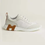 Hermes Unisex Bouncing Sneaker in Graphic Mesh and Suede Goatskin-White