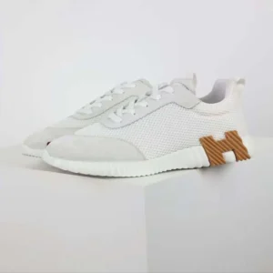 Hermes Unisex Bouncing Sneaker in Graphic Mesh and Suede Goatskin-White
