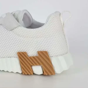Hermes Unisex Bouncing Sneaker in Graphic Mesh and Suede Goatskin-White