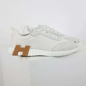 Hermes Unisex Bouncing Sneaker in Graphic Mesh and Suede Goatskin-White