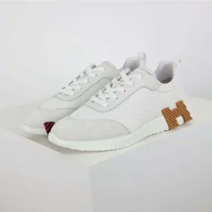 Hermes Unisex Bouncing Sneaker in Graphic Mesh and Suede Goatskin-White