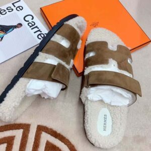 Hermes Women Chypre Sandal in Calfskin with Shearling Lining