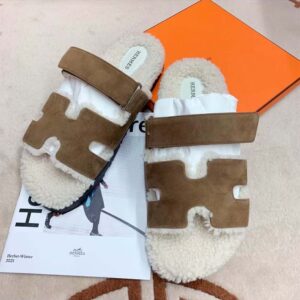 Hermes Women Chypre Sandal in Calfskin with Shearling Lining