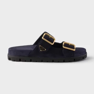 Prada Unisex Suede Strap Slides with Metal Buckle-Navy 1XX692
